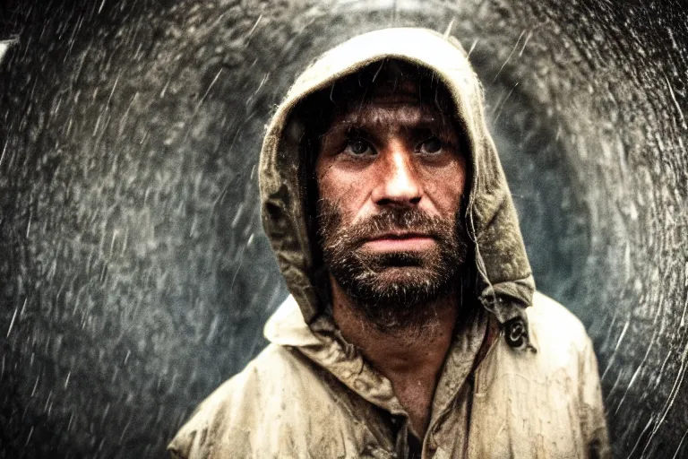 Image similar to a cinematic headshot photograph of a beautiful homeless war veteran, stood in a tunnel, rain, film still, cinematic, dramatic lighting, blue color theme, by zack snyder