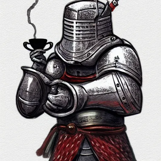 Prompt: a knight drinking a cup of tea, trending on artstation