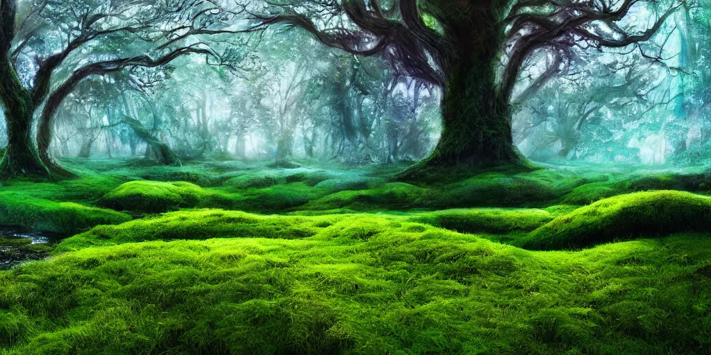 Prompt: gorgeous fields of moss landscape with glistening water, magical forest, brightly colored, magical, fantasy, landscape, beautiful, intricate details, highly detailed, sharp focus, concept art, digital painting, trending on artstation, still, screenshot, photo, photograph