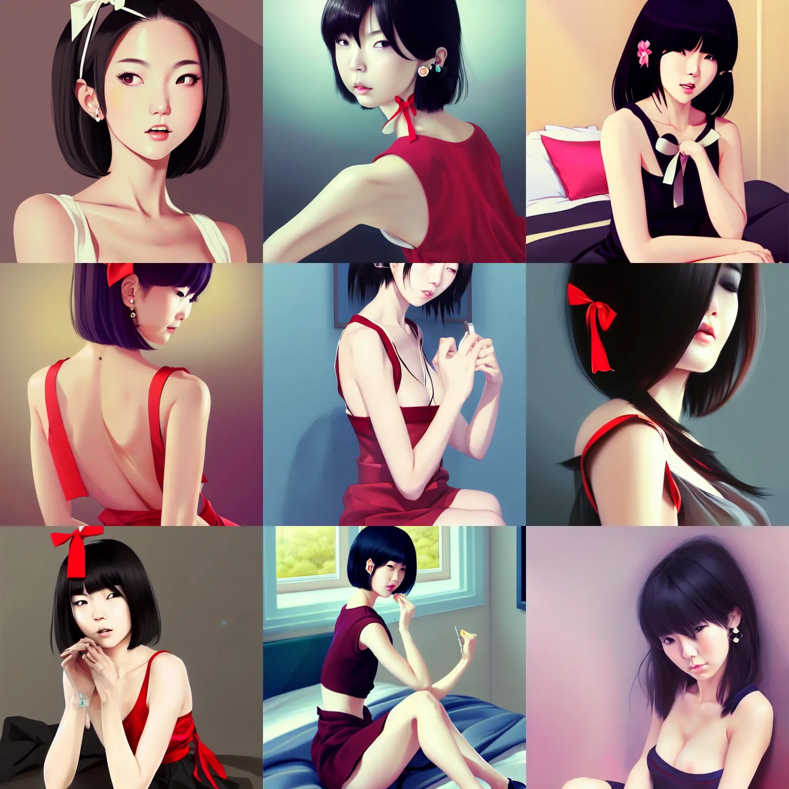 Prompt: sexy japanese girl in a low cut blouse and short skirt, seductive pose, shoulder-length hair, ribbon in her hair, earrings, sitting on a bed. highly detailed, digital painting, in the style of artgerm and ilya kuvshinov, high definition digital art