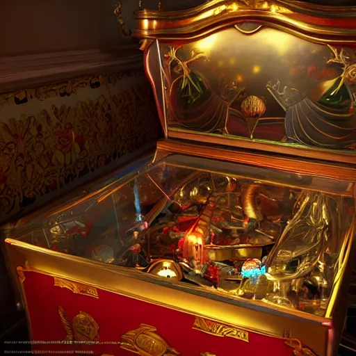 Image similar to a baroque pinball machine, realistic, artstation, mate painting, cinematic lighting