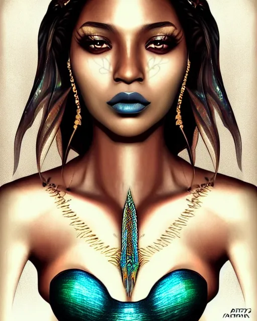 Prompt: ( ( ( portrait of mermaid ) ) ), zoom, rule of thirds, intricate, regal, attractive, brown skin, latina symmetrical!!, makeup, loreal, maybelline, sephora, loreal, artstation, art by artgerm and gonzalo ordonez arias, moody, gotham, concept art, cg society, filmic, vsco