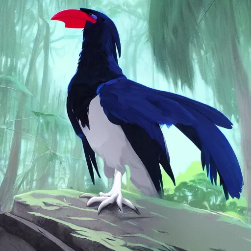 Image similar to concept art painting of an anthropomorphic albino raven wearing dark blue robes, in the deep forest, realistic, detailed, cel shaded, in the style of makoto shinkai and greg rutkowski and james gurney