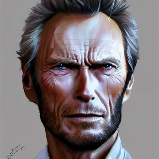 Image similar to Clint Eastwood as a sims 4 character, very detailed face, gorgeous, realistic, intricate, highly detailed, digital painting, artstation, concept art, sharp focus, illustration, art by greg rutkowski and alphonse mucha