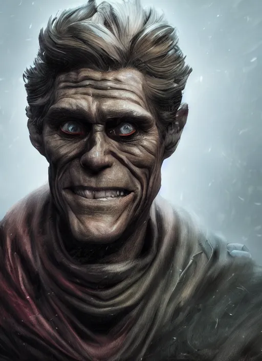 Image similar to A fantasy comic book style portrait painting of Willem Dafoe as a evil necromancer in creepy misty graveyard setting, unreal 5, DAZ, hyperrealistic, octane render, RPG portrait, dynamic lighting