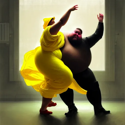 Image similar to a fat man in a yellow hazmat suit and a woman in a pink organza dress both dancing, in a messy laboratory, intricate, elegant, digital painting, concept art, smooth, sharp focus, illustration, from metal gear, by ruan jia and mandy jurgens and william - adolphe bouguereau, artgerm