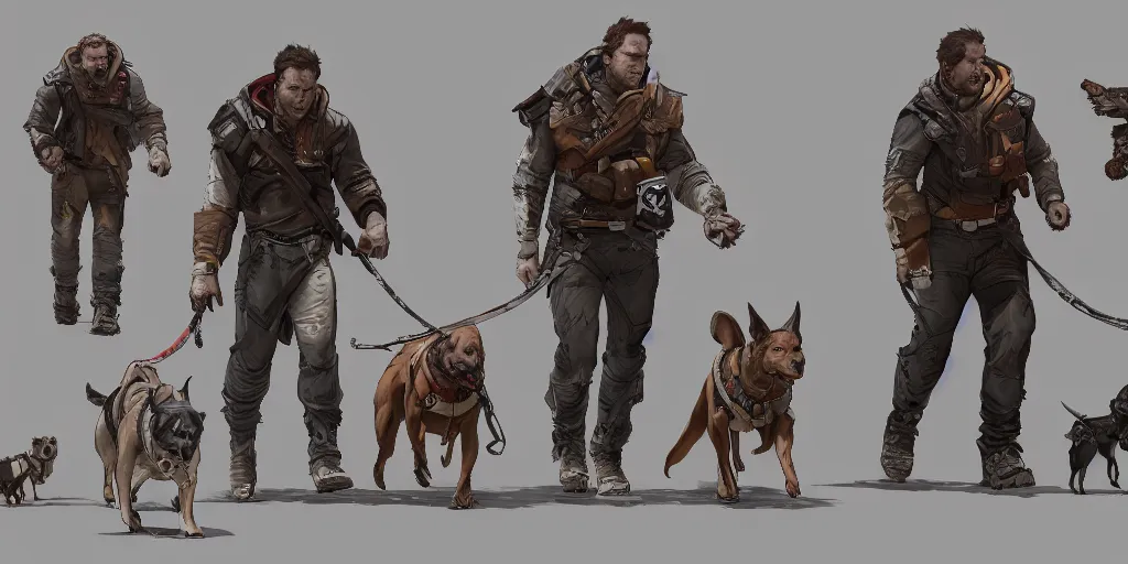 Image similar to cartoonish chris pratt walking five dogs, character sheet, fine details, concept design, contrast, kim jung gi, greg rutkowski, trending on artstation, 8 k, full body, turnaround, front view, back view, ultra wide angle