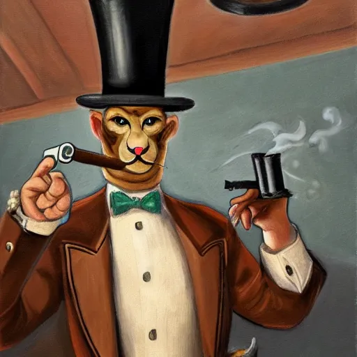 Image similar to a male cat wearing a tophat and suit, smoking a cigar, wielding a gun and pointing it at the camera, inside a casino, surrounded by female cats, oil painting, 4k