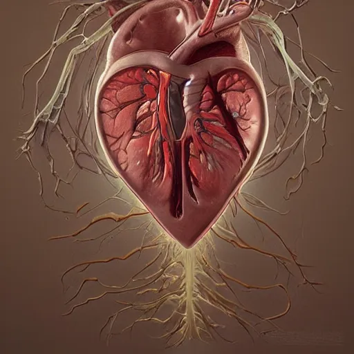 Prompt: cardiac anatomy, cardiac, anatomically correct, highly detailed digital painting, artstation, smooth, sharp focus, illustration, art by art germ and greg rutkowski and alphonse mucha