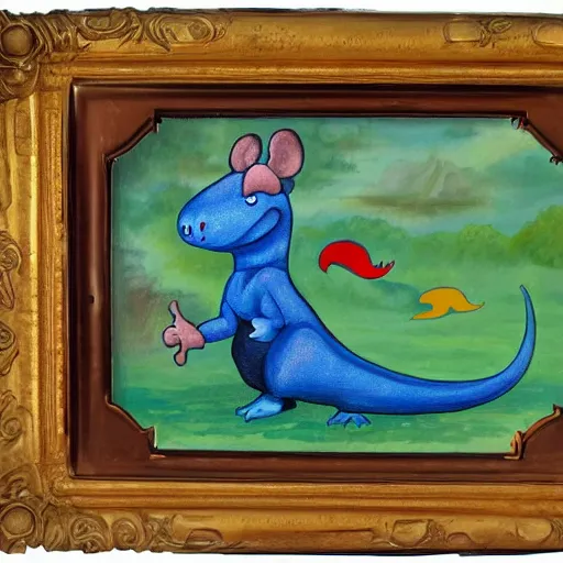 Image similar to dinosaur mouse, epic pose, old painting