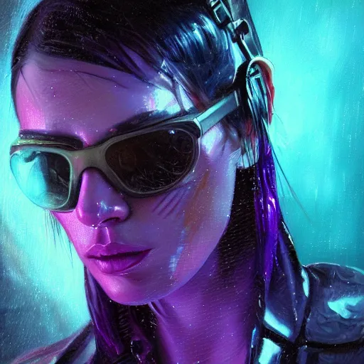 Prompt: very detailed masterpiece painting of a very beautiful wet young mexican cyberpunk woman with blue shutter shades, shaved one side haircut, dark purple hair, purple leather jacket, closeup, cyberpunk background, purple lighting, raining, portrait, artstation, concept art by greg rutkowski