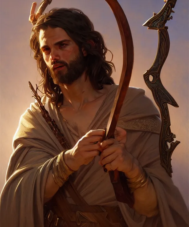 Image similar to portrait of biblical cain holding a spear, intricate, headshot, highly detailed, digital painting, artstation, concept art, sharp focus, cinematic lighting, illustration, art by artgerm and greg rutkowski, alphonse mucha, cgsociety