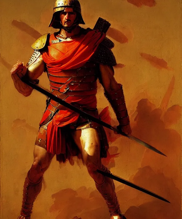 Prompt: renaissance painting of muscular roman soldier with sword by simon bisley and greg rutkowski, full body armor! dynamic battle pose, vivid red and gold color scheme, cinematic atmospheric lighting