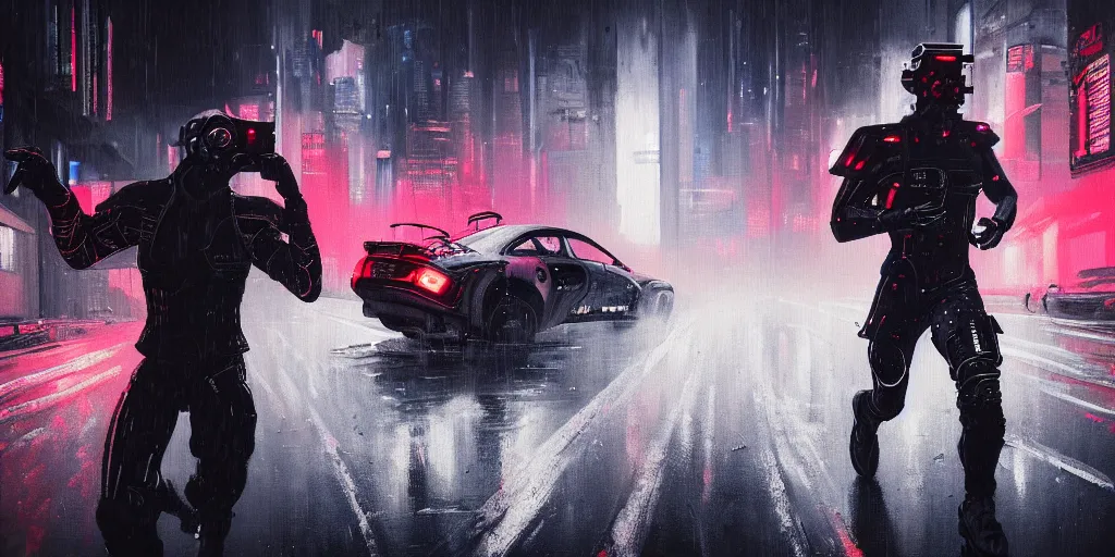 Image similar to Action portrait painting of a cyberpunk supersoldier villian character, armoured in athletic carbon suit head to toe, running towards camera in cyberpunk street, car explosion in background, rain, dark clouds atmosphere, wide shot, asymmetrical, profile picture, Organic Painting, sunset dark dramatic, matte painting, bold shapes, hard edges, street art, wide angle lens, trending on artstation, by Sachin Teng