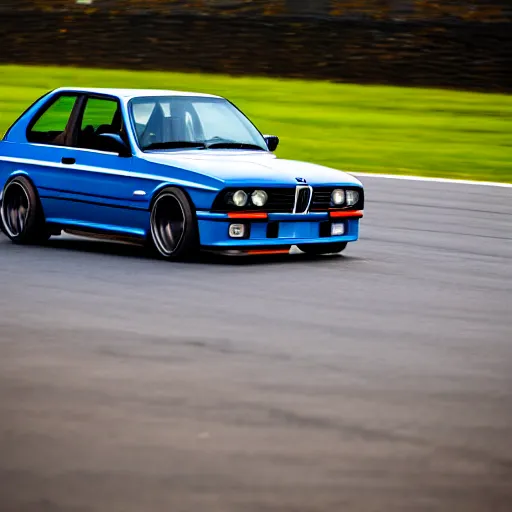 Prompt: a rolling shot of a modified bmw e 3 0 with lights on, on a street race track, motion blur, 3 5 mm photography, car photography, clean lines, realistic