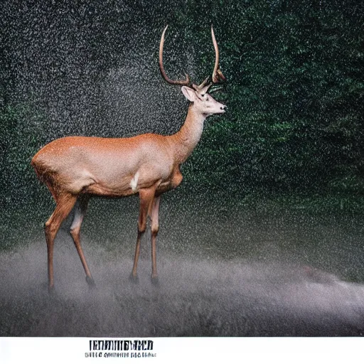 Prompt: 4 k hdr wide angle detailed portrait of a beautiful instagram model woman showering riding mounted on top of a wild deer in a rain shower during a storm with thunder clouds overhead and moody stormy lighting sony a 7