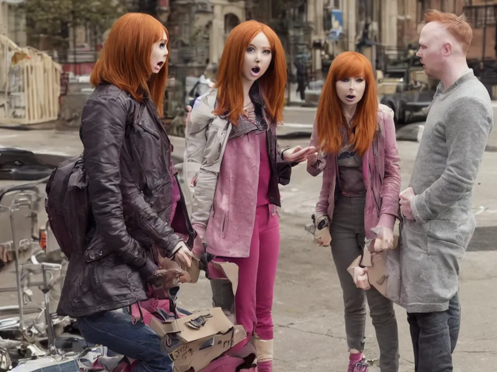 Image similar to realistic tabloid photo of Karen Gillan trying to explain she's not Unbreakable Kimmy Schmidt