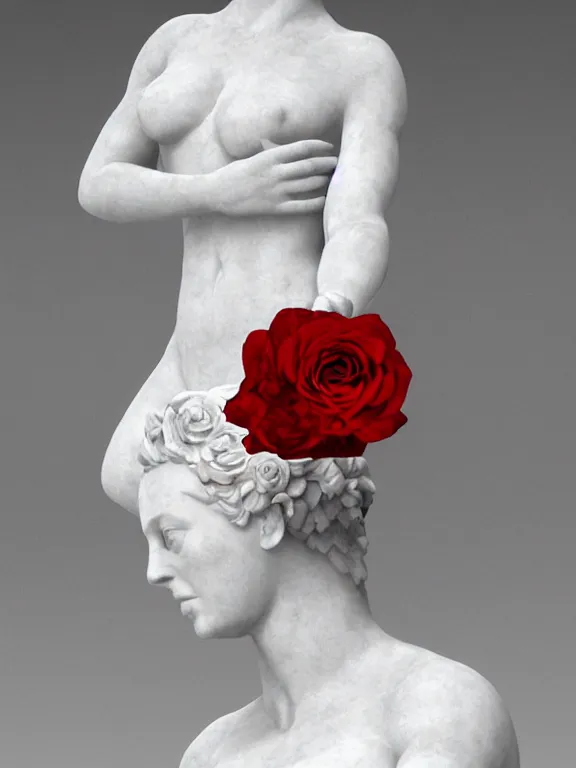 Image similar to portrait art venus of milo sculpture made of white marble, concept art, red roses exploding from her heart, volumetric lighting, hyperrealistic, focused, extreme details, masterpiece, fine details