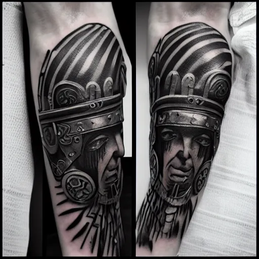Prompt: A thracian helmet, tattoo, tattoo art, Black and grey tattoo style