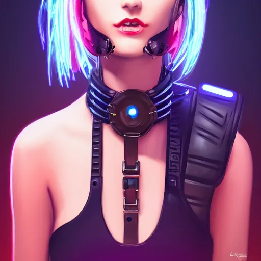 Image similar to headshot portrait of cyberpunk woman wearing thick steel choker around neck, 4K, detailed face, collar on neck, realistic, artstation, neon,