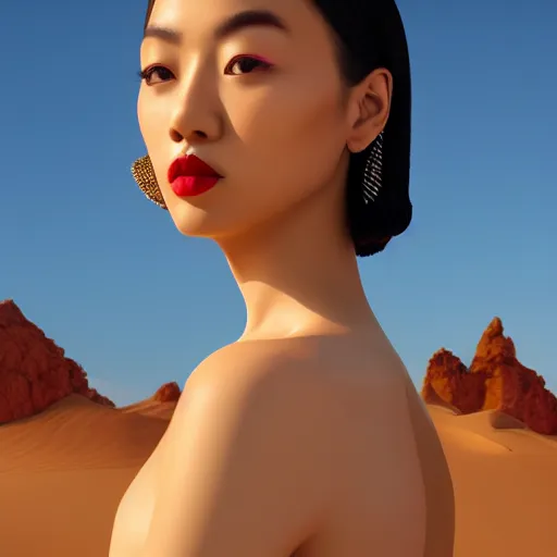 Prompt: innovative avant-garde art, deco fashion, asian women, highly detailed, photorealistic portrait, serene desert setting, golden hour, crisp quality and light reflections, unreal engine 5 quality render