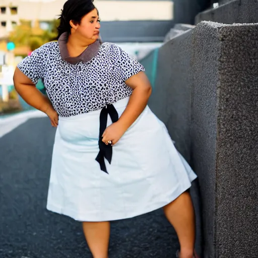 Image similar to plump woman wearing skirt and bandana taking a photograph with a studio camera on the sidewalk outdoors