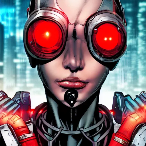 Image similar to A comic book cover of a female cyberpunk mercenary wearing cybernetic sci fi head gear and earpiece with red evil eyes in the style of Marvel Comics, highly detailed, oil on canvas
