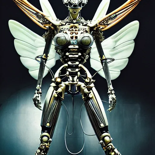 Image similar to still frame from Prometheus movie by Makoto Aida, biomechanical vespa angel gynoid, metal couture by neri oxmn and Guo pei, editorial by Malczewski and by Caravaggio