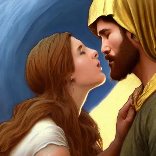 Image similar to jesus kissing a sensual woman in jerusalem, elegant, highly detailed, digital painting, artstation, concept art, matte, sharp focus, highly detailed, 4 k, hdr, smooth, sharp focus, high resolution, award - winning photo, photorealistic, art by artgerm and greg rutkowski and alphonse mucha, large shot