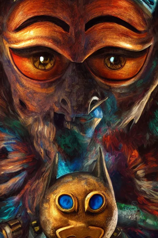 Prompt: Majora's Mask from Zelda, oil on canvas, intricate, portrait, 8k highly professionally detailed, HDR, CGsociety