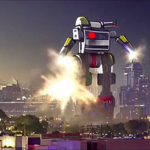 Image similar to a giant vacuum cleaner mech attacks a city