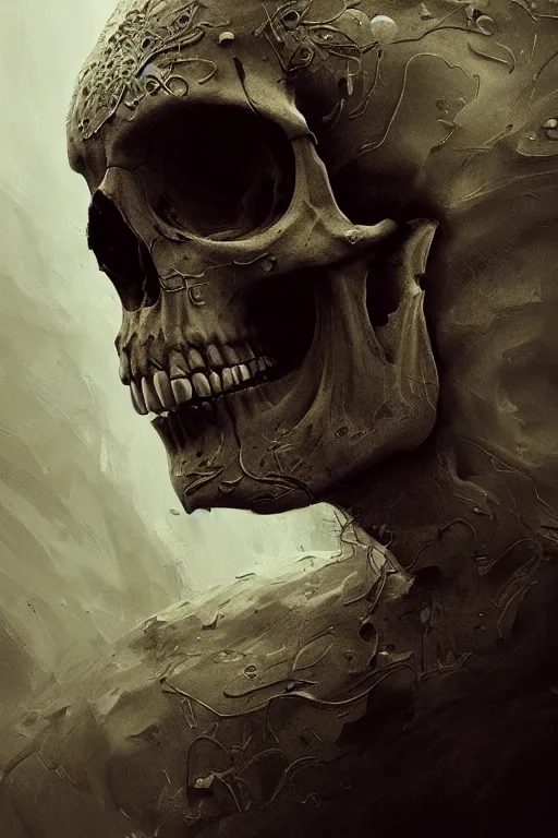 Image similar to skull, close - up portrait, powerful, intricate, elegant, volumetric lighting, scenery, digital painting, highly detailed, artstation, sharp focus, illustration, concept art, ruan jia, steve mccurry