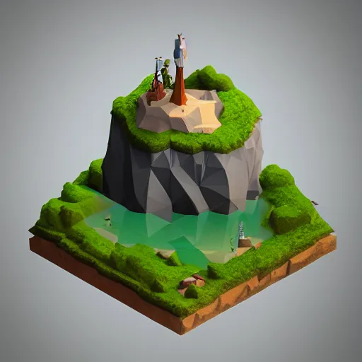 Prompt: dream a floating island isometric art, low poly art, game art, artstation, 3D render, cgsociety