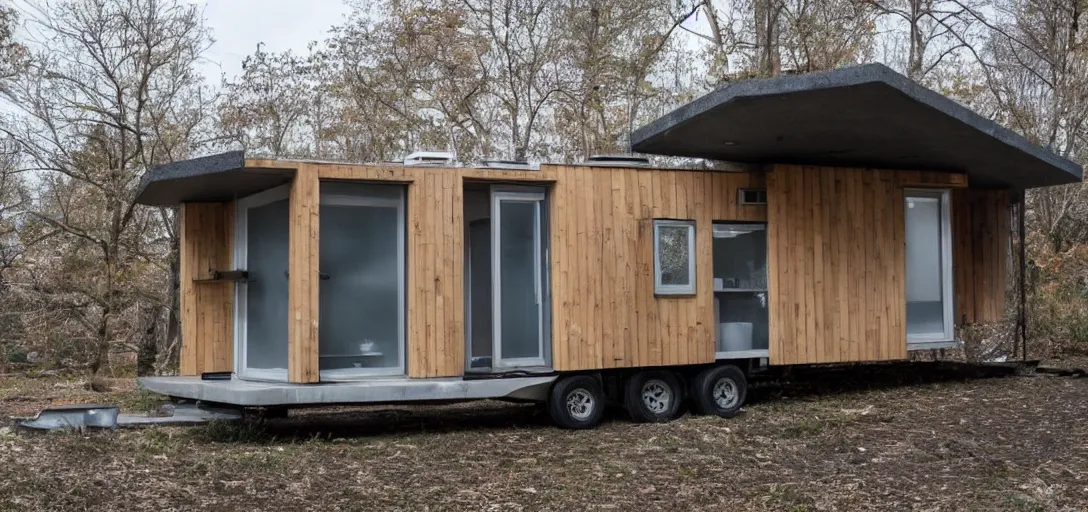 Image similar to brutalist tiny home on trailer, made of stone.