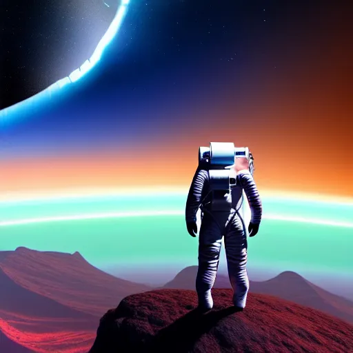 Image similar to astronaut finding a flower on an alien planet with mountains, water, strange clouds, hyper realistic, dramatic lightning, ray tracing, 8 k