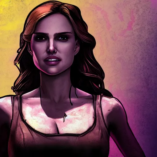 Image similar to natalie portman portrait, borderlands, tales from the borderlands, the wolf among us, comic, cinematic lighting, studio quality, 8 k