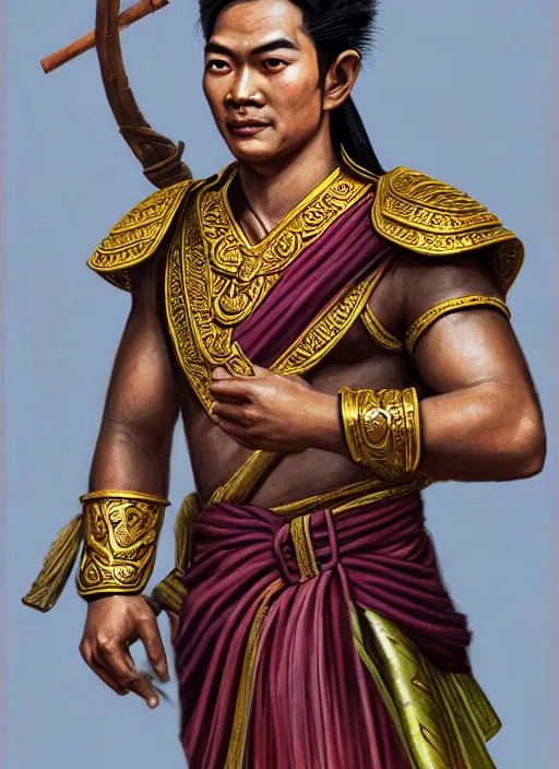 Image similar to smart ramkhamheang of sukhothai, closeup portrait, without beard and mustache, historical hero, ethnic group, tai costume, thai transitional bronze headdress, intricate, with leather armor cross on bare chest, elegant, loin cloth, highly detailed, oil painting, artstation, concept art, matte, sharp focus, illustration, hearthstone, art by earl norem