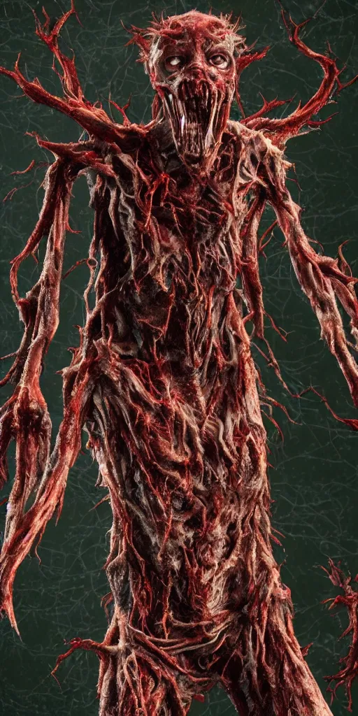 Image similar to photorealistic ultra detailed tall skinny humanoid creature with decomposed skin with fur and blood dripping, the woods, night, extremly detailed, 8 k, realistic, sharp focus, cosmic horror creature, cosmic horror, from the movie the thing, mysterious creature, bloody eyes