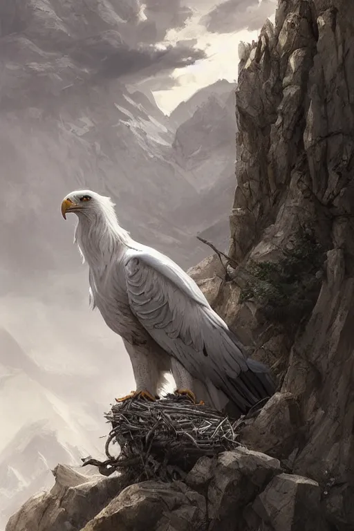 Image similar to portrait of majestic white eagle on his Nest in the mountains, Single face, dramatic lighting, cinematic, establishing shot, extremly high detail, photo realistic, cinematic lighting, post processed, concept art, artstation, matte painting, style by eddie mendoza, raphael lacoste, alex ross