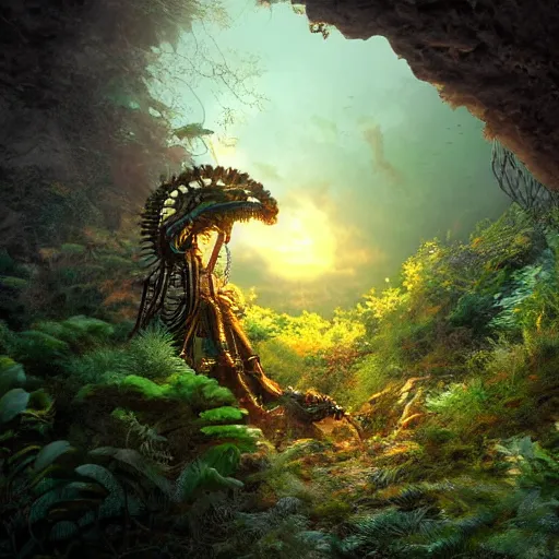 Image similar to gorgeous mechanical steampunk creature with humanlike form looking eerily into a cave entrance with lush vegetation and mystical (((glowing algae))) in the sunset, desaturated, sharp focus, highly detailed, artgerm