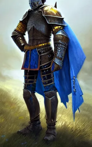 Image similar to a rugged young knight with blonde hair and blue eyes and a short beard wearing a blue shirt over chain mail and steel pauldrons and a yellow cape and leather boots concept art by Tony Sart and Greg Rutkowski, realistic, highly detailed, masterpiece, ArtStation