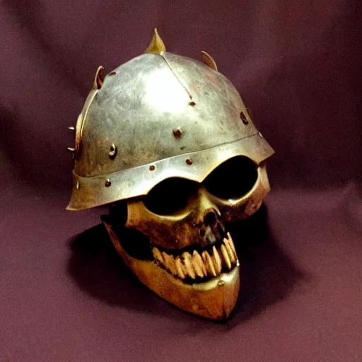 Prompt: medieval helmet in the shape of a demon skull