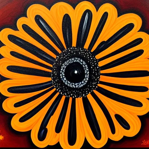 Prompt: black daisy with an orange center, logo, intricate oil painting, high detail illustration, sharp high detail, manga and anime