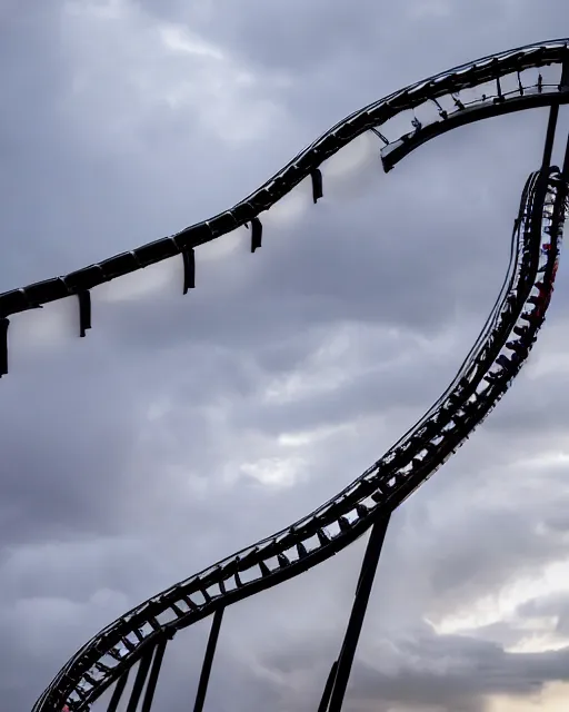 Prompt: a high definition photograph of a roller coaster track that goes up into the dark clouds