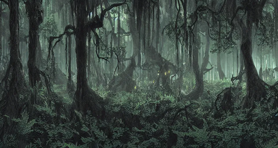 Image similar to A dense and dark enchanted forest with a swamp, by Fortiche Studio