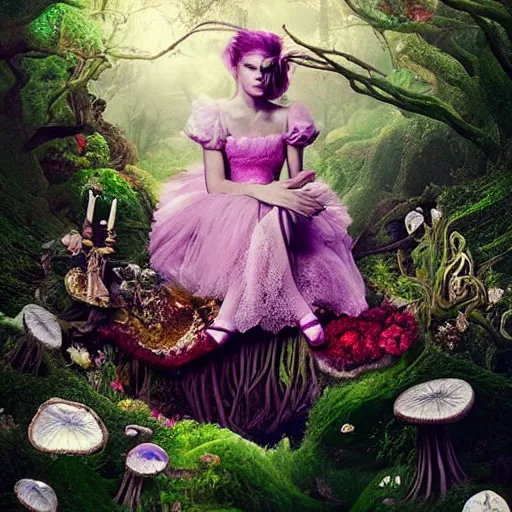 Prompt: a scene from Alice in Wonderland, she looks like a mix of Grimes, Claire Boucher, Zoë Kravitz, Lana Del Rey, Aurora Aksnes , Moriah Rose Pereira, cool hairstyle, flowing blonde hair, billowing gossamer puffy tulle lace dress, she is sitting on an elaborate fantastic throne made of roots, giant fungi and flowers, fairytale forest canopy, colorful paper lanterns, style inspired by shoujo manga, Studio Ghibli, pre-raphaelite paintings, John singer Sargent, Victorian fashion, harajuku, Ivan bilibin, phantasmagorical, ethereal, hallucinatory, marbled, hypnotic, séance, chromatic aberration, diffraction, Tyndall effect, iridescent, nacre, peony, colored smoke, hyper photorealistic 4K, unreal engine 5, Arnold render
