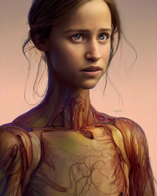 Prompt: weta disney pixar movie still full body portrait photo of young alicia vikander with transparent skin as a sad intricate detailed internal anatomy model with visible heart, lungs, and intestines by pixar, by weta, wlop, ilya kuvshinov, rossdraws, artgerm, latex, iridescent, bright morning, anime, liosh, mucha