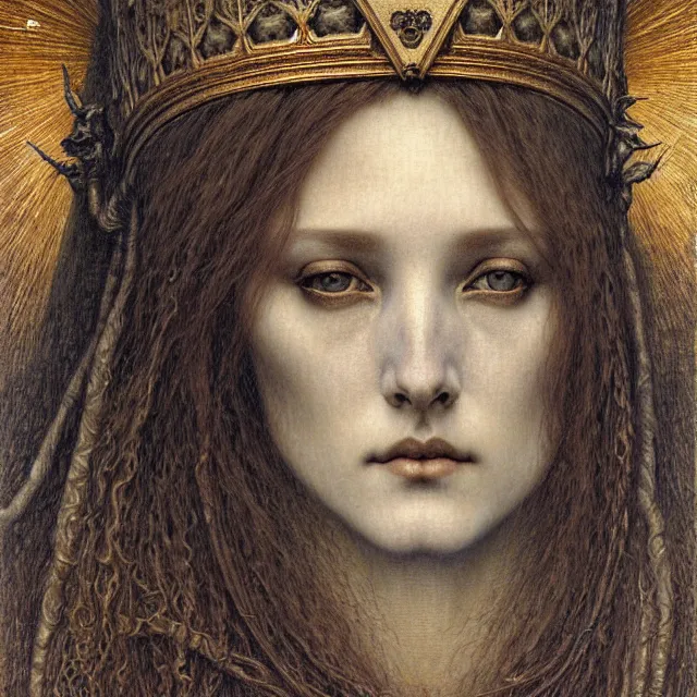 Image similar to detailed realistic beautiful young medieval queen face portrait by jean delville, gustave dore and marco mazzoni, art nouveau, symbolist, visionary, gothic, pre - raphaelite. horizontal symmetry