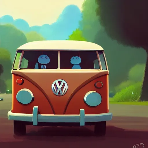 Image similar to goro fujita ilustration traveling in a volkswagen car with luggage, painting by goro fujita, sharp focus, highly detailed, artstation