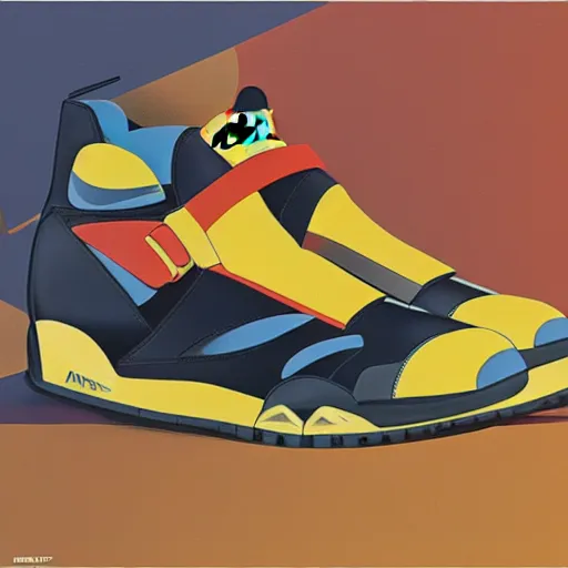 Prompt: retro futuristic Nike air trainer sneakers with straps by syd mead, matte painting, geometric shapes